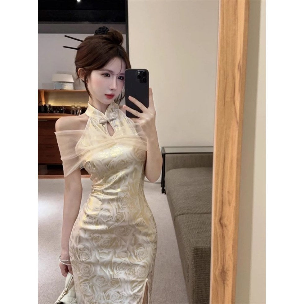 Qipao-style Collar Slim-fit Dress, Women's Off-shoulder Hip-hugging Midi Skirt With Side Slit