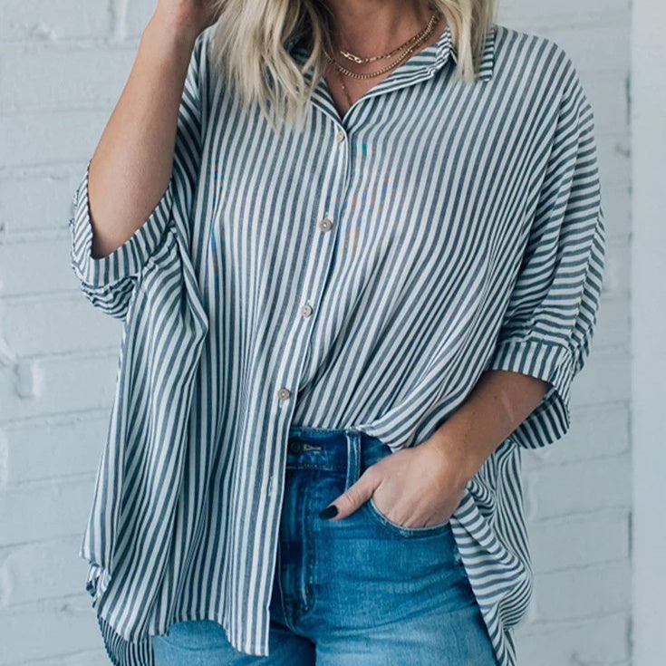 Women's Striped Fashionable Loose-fit Three-quarter-sleeve Shirt