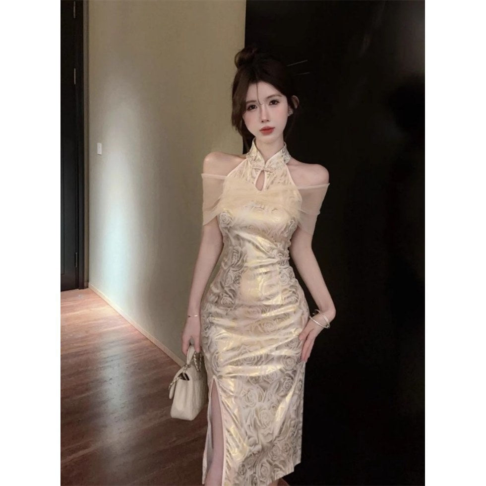 Qipao-style Collar Slim-fit Dress, Women's Off-shoulder Hip-hugging Midi Skirt With Side Slit