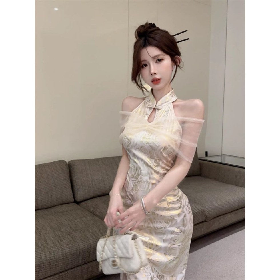 Qipao-style Collar Slim-fit Dress, Women's Off-shoulder Hip-hugging Midi Skirt With Side Slit