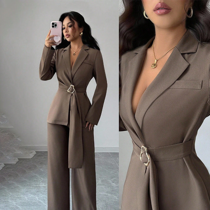 New-style Suit Lace-up, Waist-cinching, Tailored Jacket And Pants Set