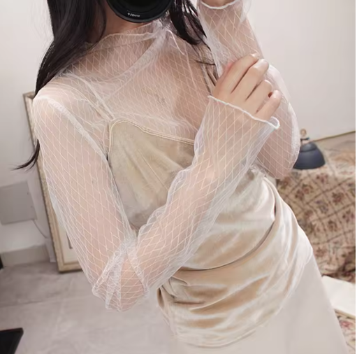 Women Lace Mesh Transparent Turtleneck Long Sleeve Top