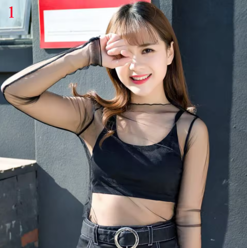 Women Lace Mesh Transparent Turtleneck Long Sleeve Top