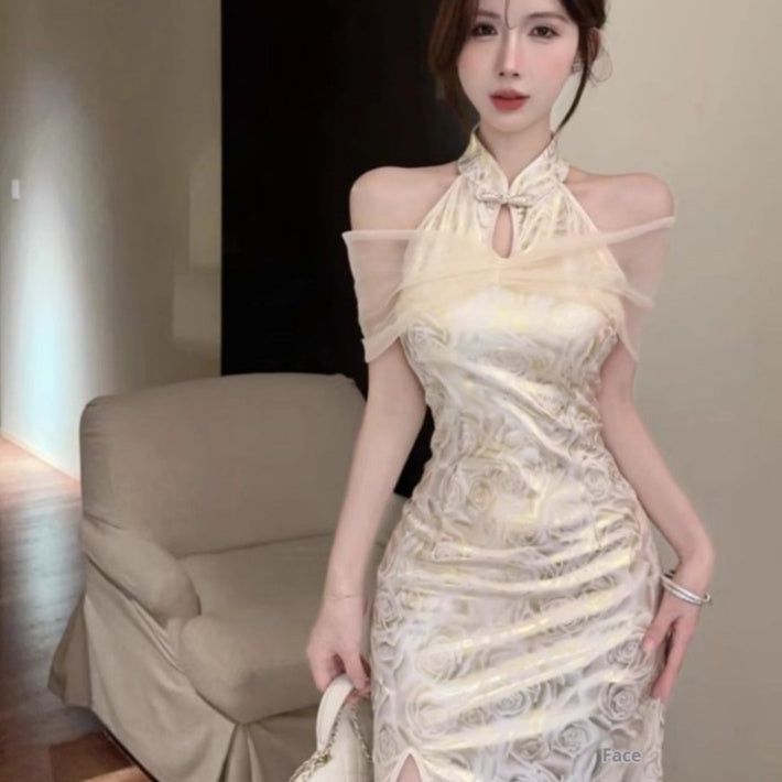 Qipao-style Collar Slim-fit Dress, Women's Off-shoulder Hip-hugging Midi Skirt With Side Slit